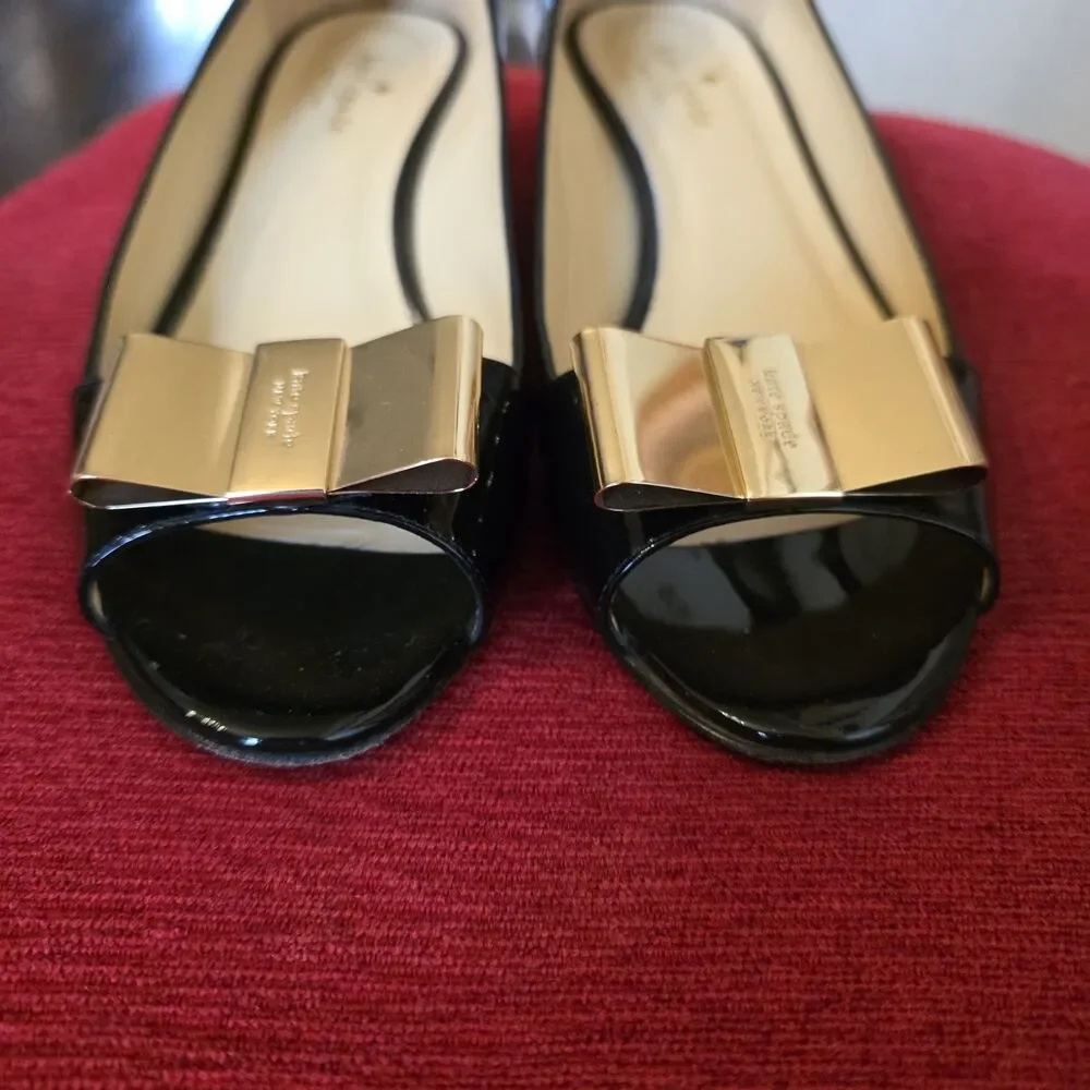 kate spade Black Patent Leather Peep-Toe Wedge Heels with Bow